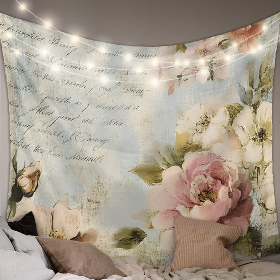 Farmhouse Pink Floral Tapestry for Bedroom Wall Hanging Tapestry, Spring Vintage Botanical Flowers Ceiling Backdrop Tapestries Poster Blanket Wall Decor for Teens Room Living Room Dorm 39" x 59"
