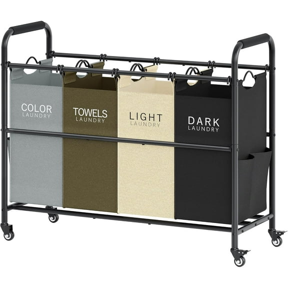 4 Bag Laundry Sorter Cart, 4 Section Laundry Hamper Sorter with Heavy Duty Lockable Rolling Wheels, Laundry Separator Hamper with Removable Bags for Dirty Clothes Storage, 4 Colors