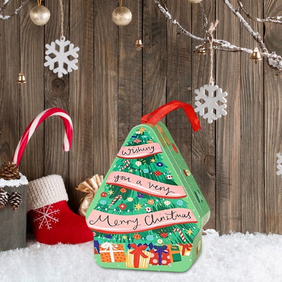 Christmas Themed Portable Candy Food Storage Container – With Handle, Tinplate Material, Holiday Festive Gifting/Party Share (A)