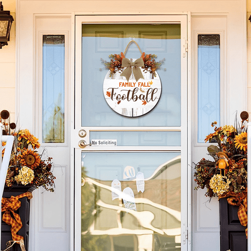 Lucidhisun Wooden Family Fall Football Welcome Sign for Front Door, Maple Leaf Round Wood Signs, Autumn Hanging for Football Season Farmhouse Porch Door Wall Window Decoration 12in