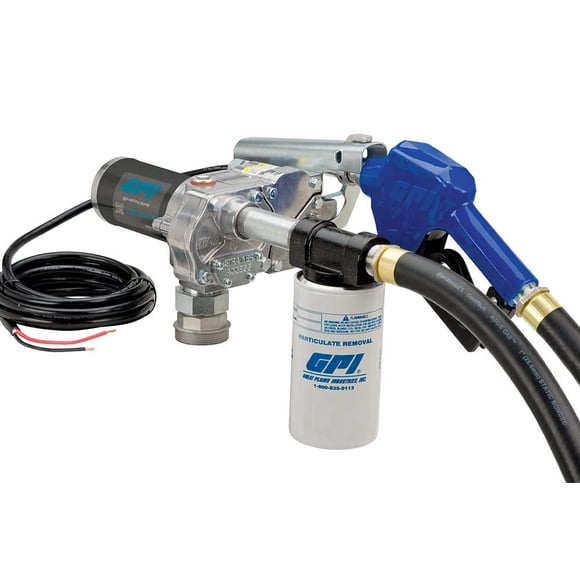 GPI M-150S Fuel Transfer Pump with Filter Kit, 15 GPM, 12-VDC, Automatic Shut-Off Nozzle, 12' Hose, 18' Power Cord (110612-03)