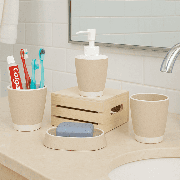 Bathroom Accessories Set 4 Piece Accesorios para Baños Soap Dispenser, Soap Dish, Tumble, Toothpaste-Toothbrush Holder (Sandstone Beige)