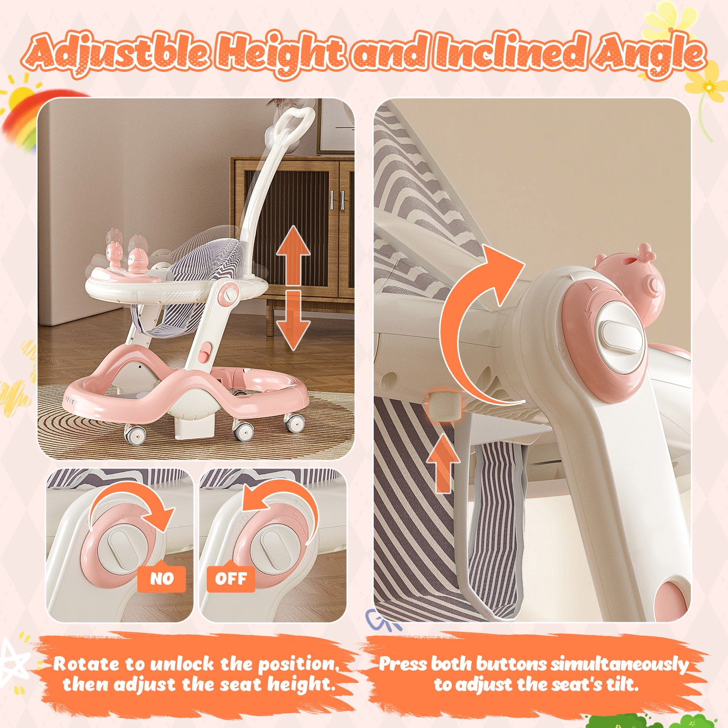 WonderStone 5 in 1 Baby Walker, Foldable Push Walker with Wheels, Music & Light, Baby Bouncer, Baby Activity Center for Boy Girl 6-12 Months (Pink)