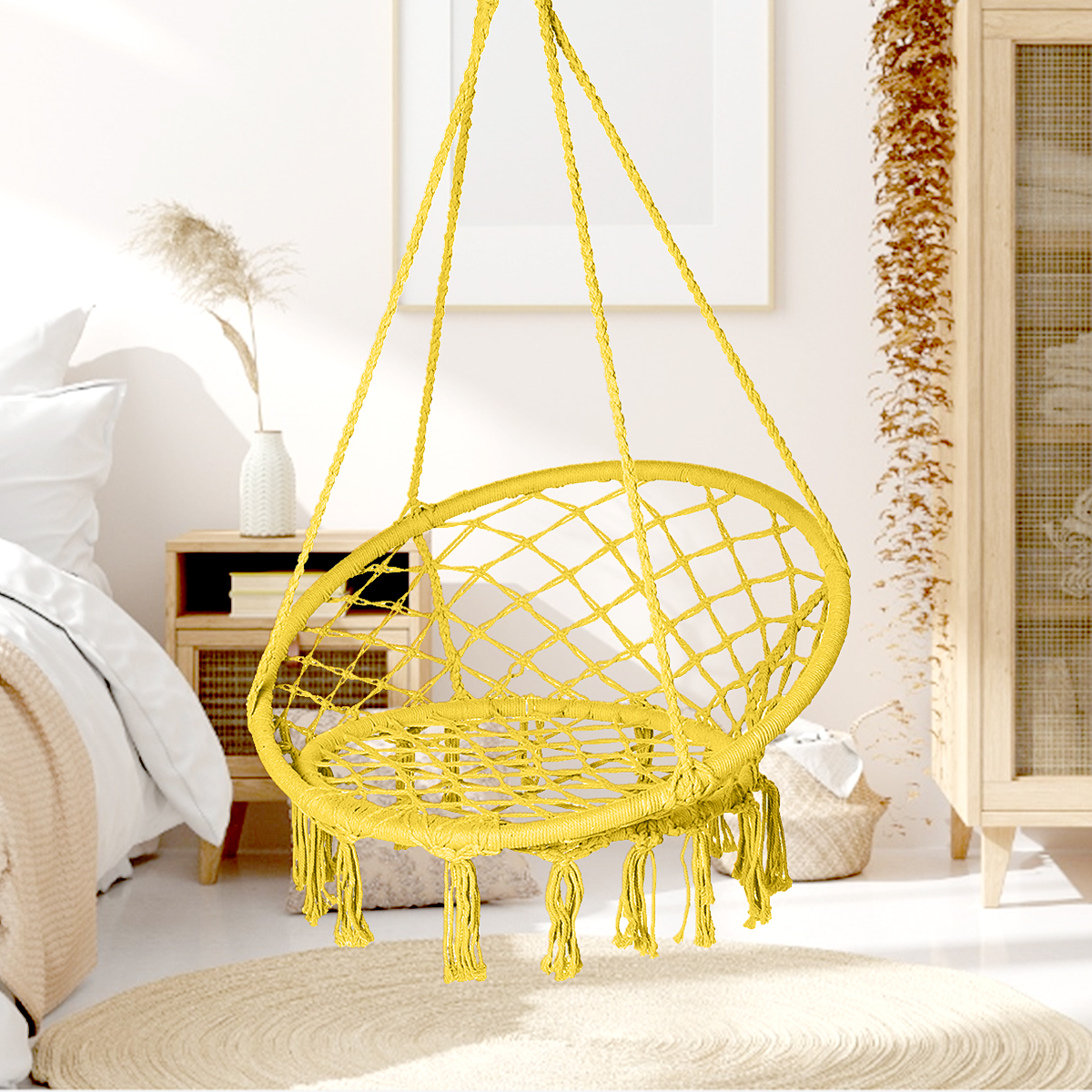 Hammock Chair with Fringe Tassels,Exquisite Dreamy Round Hanging Chair,Cotton Rope Macrame Swing Chairs for Indoor/Outdoor Bedroom Patio Deck or Garden,Handwoven Hammock Hanging Chair Swing - image 3 of 4
