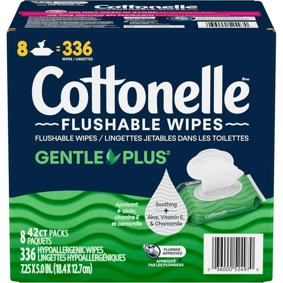 Cottonelle Lingettes Humides Jetables GentlePlus avec Aloe & Vitamine E, Lingettes Humides pour Adultes, 8 Paquets Rabattables, 42 Lingettes par Paquet (336 Lingettes Jetables au Total)