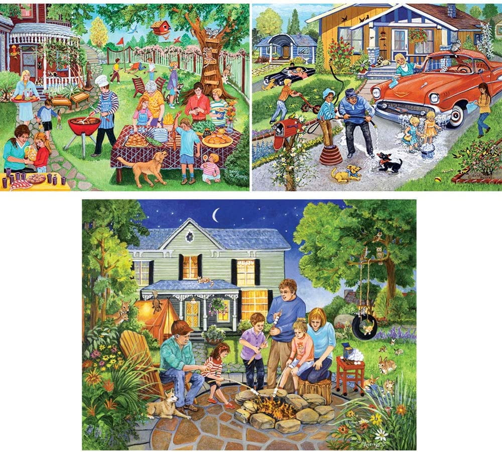 Bits and Pieces Jigsaw Puzzles Family Scene by Sandy Rusinko 500 Piece Set of Three 18" x 24"