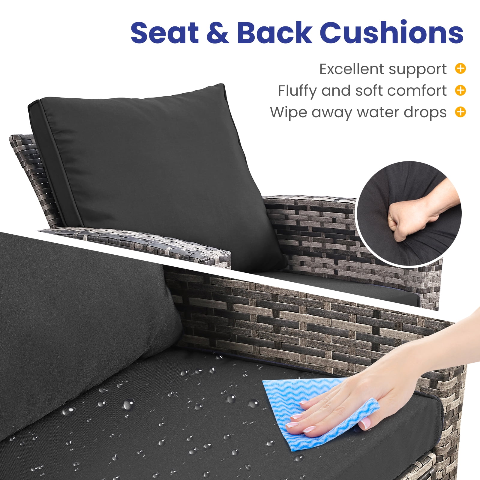 4 Piece Outdoor Patio Furniture Set,Wicker Conversation Sets Outdoor Sectional Patio Sofa Couch with Cushions & Coffee Table for Outside, Garden, Balcony, Porch,Grey/Black