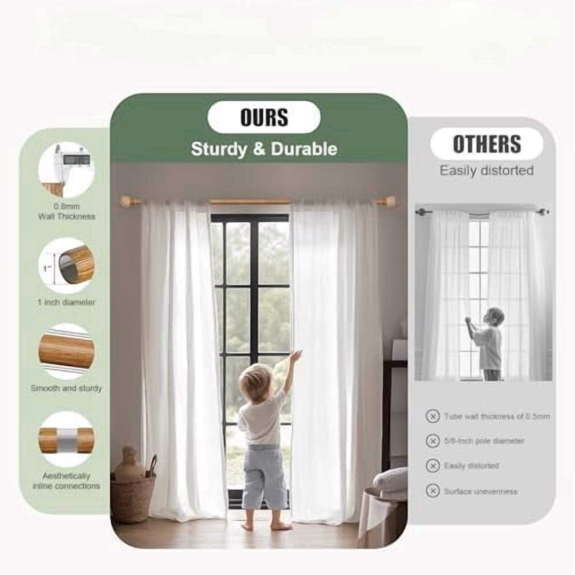 Wood Curtain Rods for Windows,1'' Diameter Drapery Rods with Imitation Wood Grain Leaf Pattern Finials,Boho Adjustable Heavy Duty Curtain Rods Set,18-45'',Color:Natural Wood