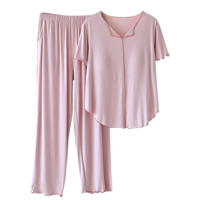 2 Packs Womens Modal Pajamas Sets Ultra Soft Textured Cropped Elastic Loungewear Crew Neck Short Sleeve Tops High Waisted Comfort Casual Pants Two Piece Nightgown