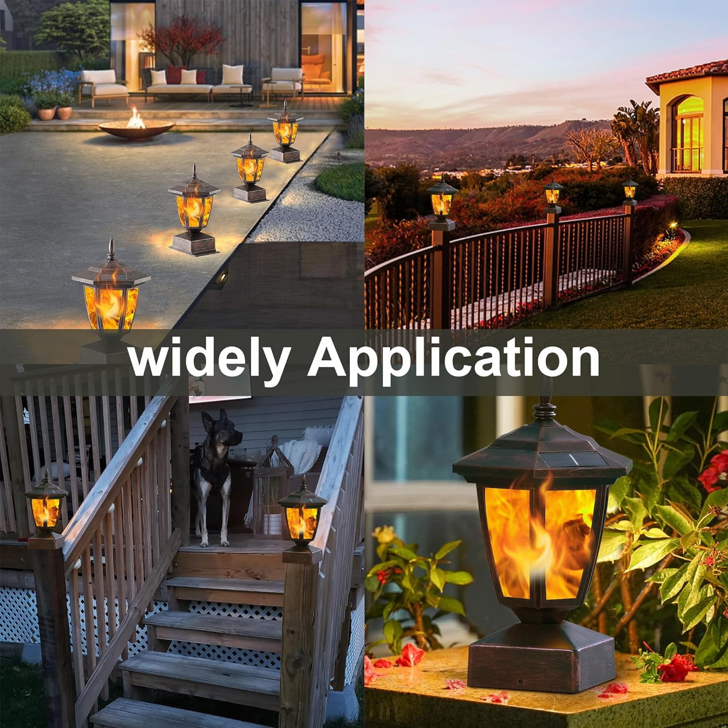 4 Pack  Flame Post Lights Outdoor,  Powered Lamps Fence Post Cap Lights, Flickering Flame LED  Waterproof for Garden Deck