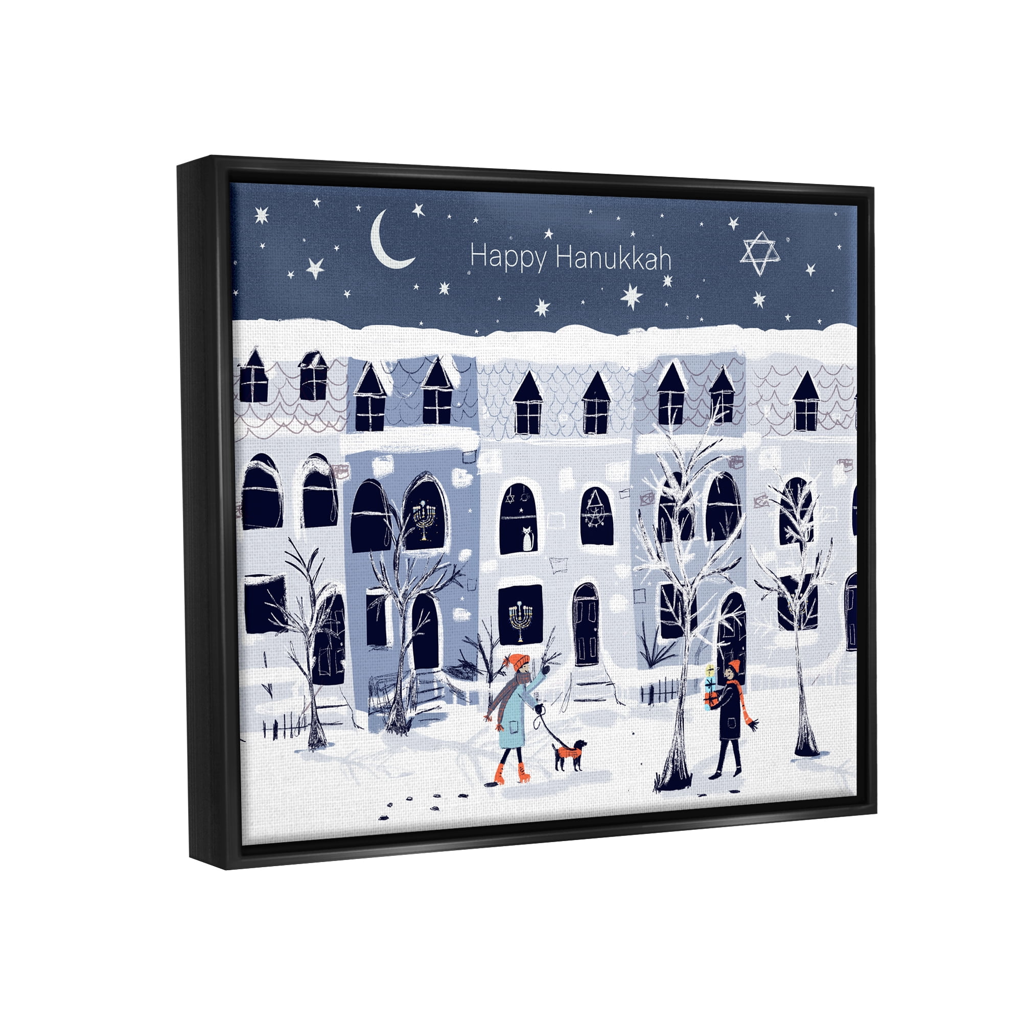 Stupell Industries Happy Hanukkah Winter City Scene Holiday Painting Black Floater Framed Art Print Wall Art
