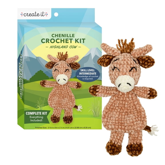 Create It Amigurumi Crochet Kit, Intermediate Skill Level, Comple DIY Set with Chenille Yarn, Highland Cow Design, Brown, 1 Kit