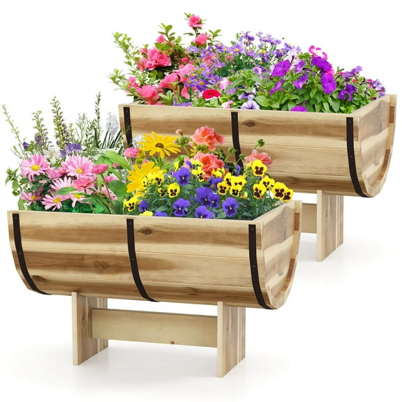 PetFurnishn 2PCS Outdoor Wooden Planter Solid Acacia Wood Half-Barrel Planter Box w/ Legs