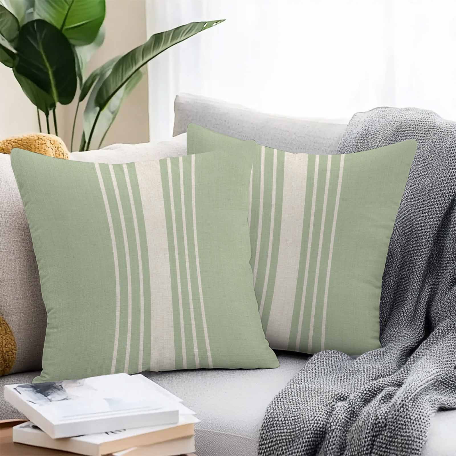 Outdoor Waterproof Throw Pillow Covers Set of 2 Sage Green Vertical Stripes Pillowcases Square Outdoor Pillows Cushion Case 16x16 Inch Classic Striped Linen Patio Pillows for Couch Sofa Bed