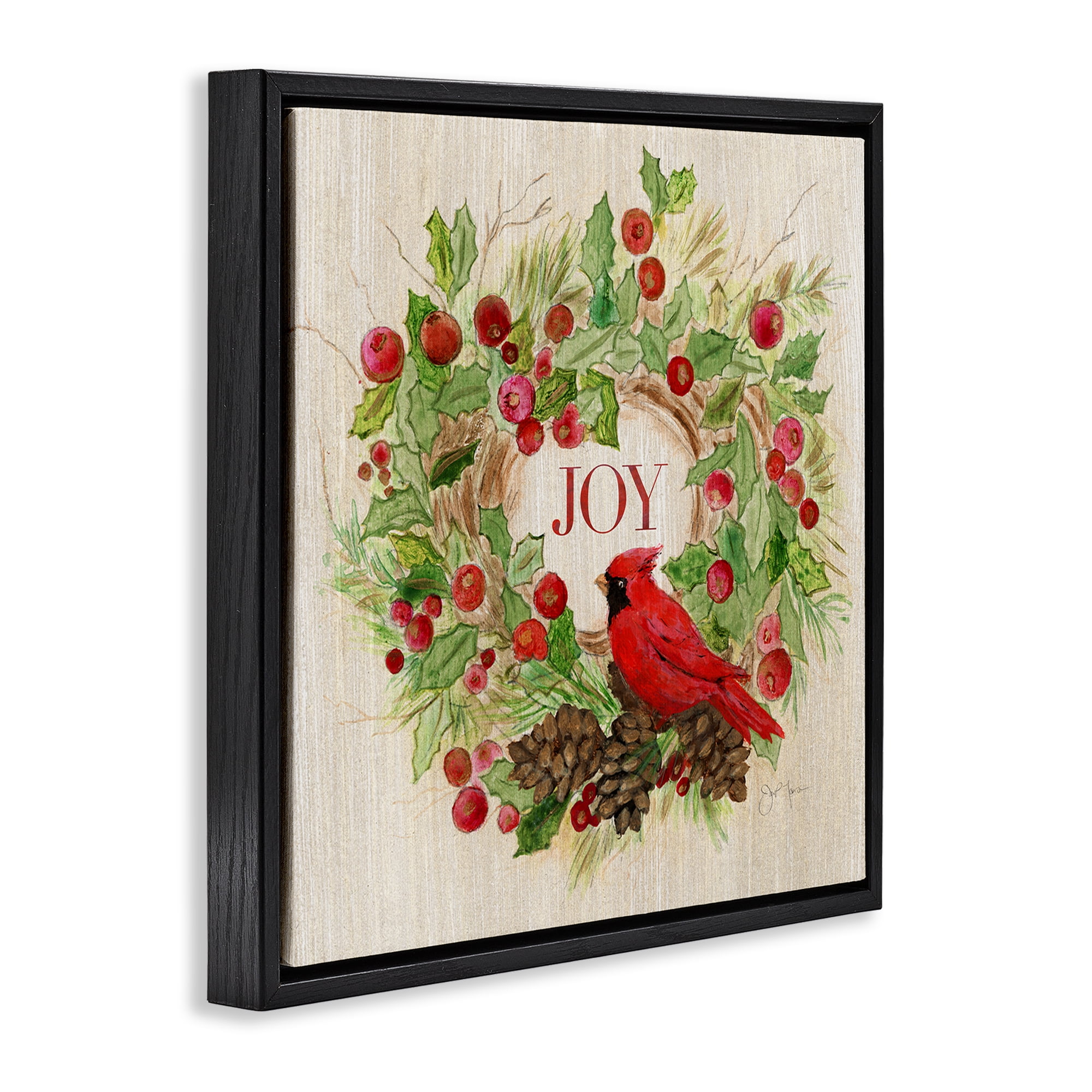 Stupell Industries Joy Rustic Winter Wreath Holiday Painting Black Floater Framed Canvas Art Prints Wall Art, 18 x 18