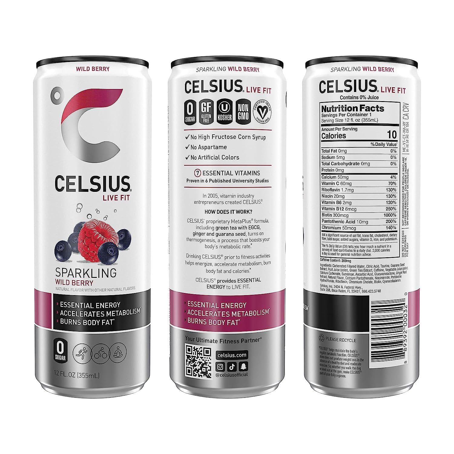 CELSIUS Sparkling Wild Berry, Functional Essential Energy Drink, 12 Fl Oz Pack of 24