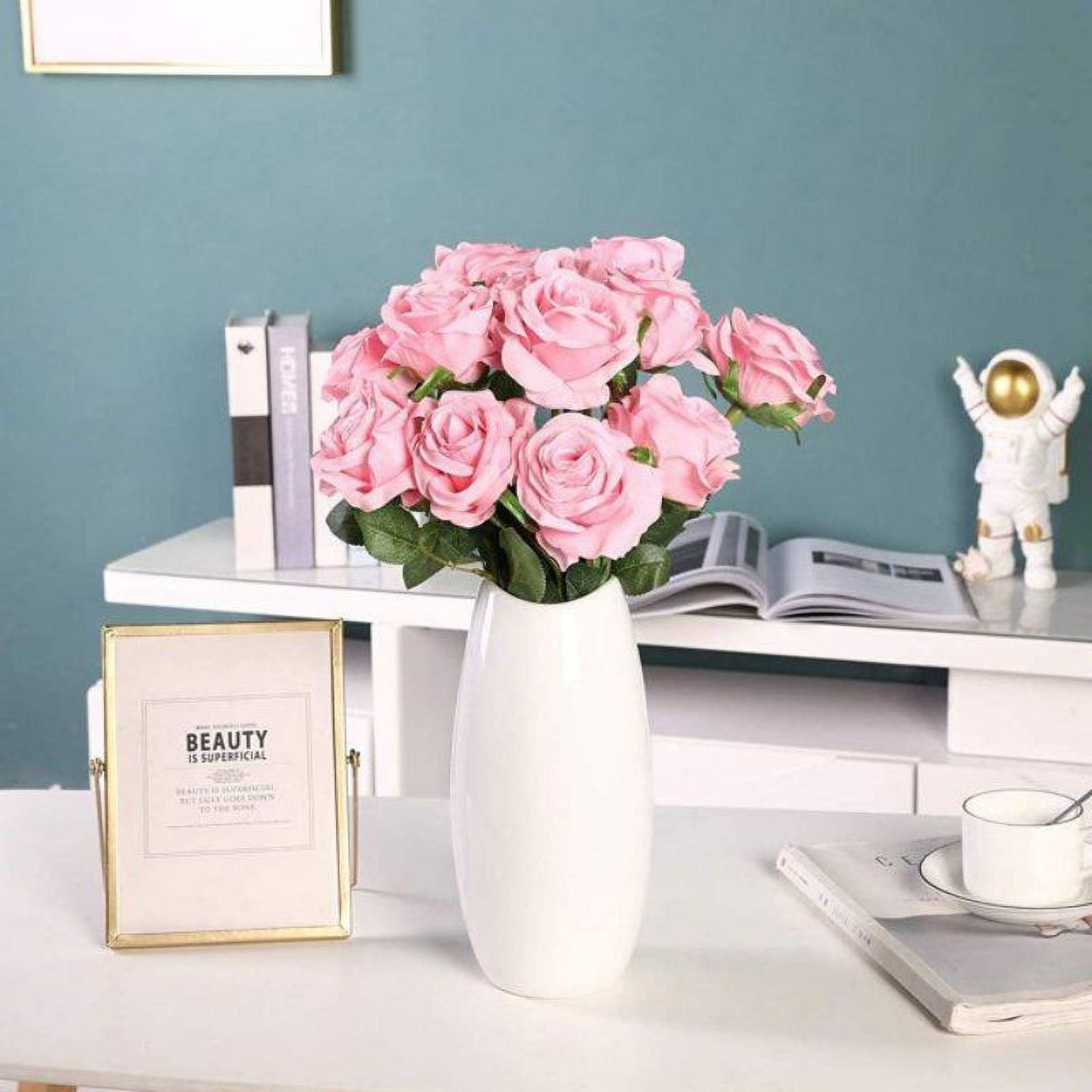 Morttic 24Pcs Fake Roses, Big Flower Head Pink Roses Artificial Flowers with Stems for Wedding Decorations, Fake Roses Bouquet for DIY Home Party Decor