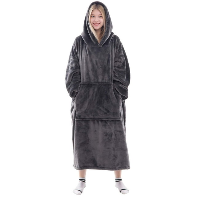 Waitu Manta portátil Sudadera Regalos para mujeres y hombres Manta gigante cálida y acogedora Sudadera con capucha Manta de franela gruesa con mangas y bolsillo gigante - Gris oscuro