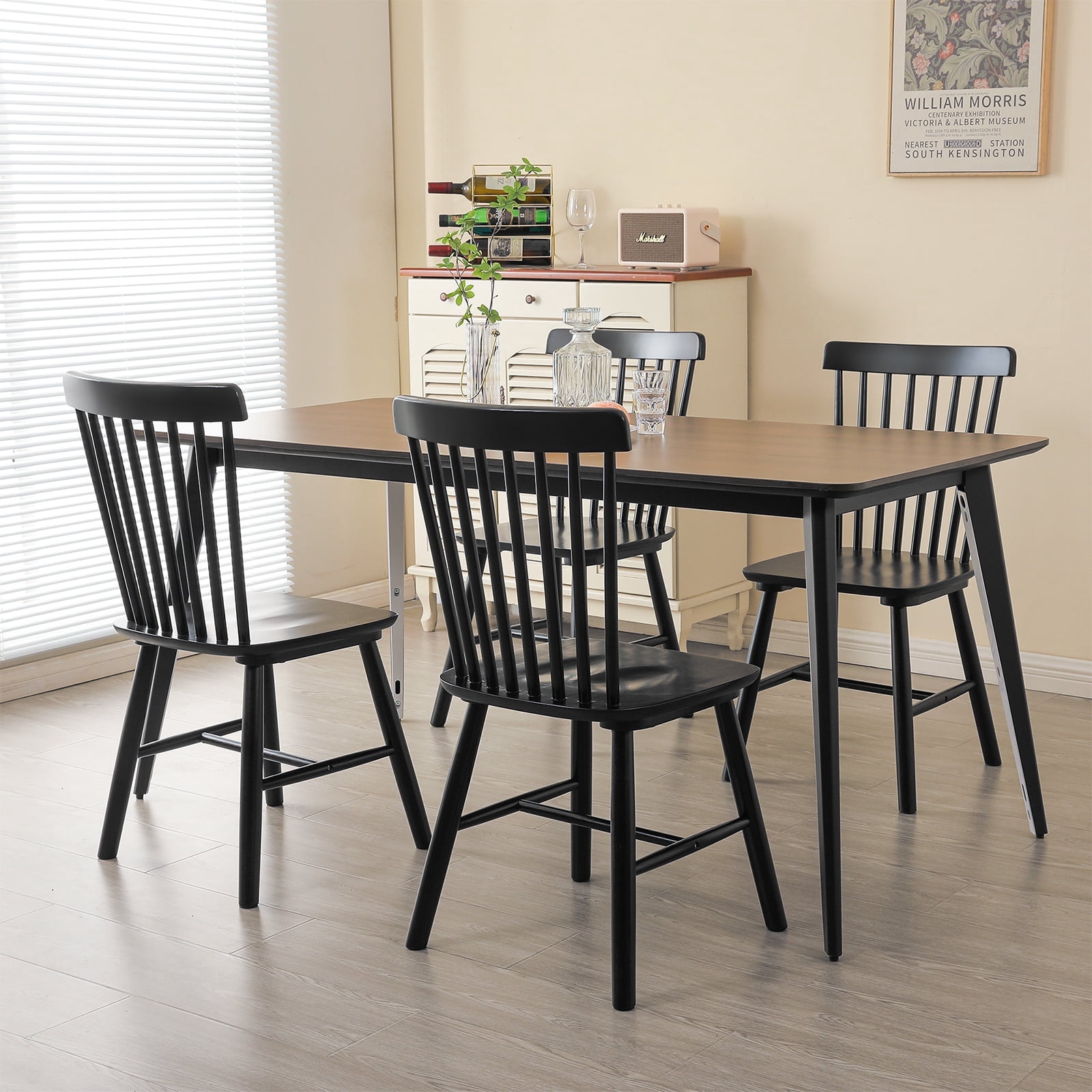 ClinQ Wooden Windsor Dining Chair Set of 4, Spindle Back, Armless, Farmhouse Kitchen and Dining Room Seating, Black