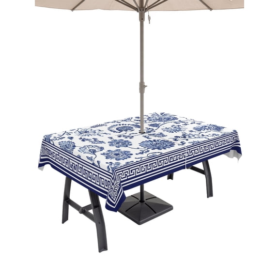 54x80 Inch Outdoor Tablecloth with Umbrella Hole Zipper Rectangle Navy Blue Floral Rectangular Tablecloths Waterproof Vintage Flowers Botanical Farmhouse Greek Key Patio Table Cloth Cover for Picnic