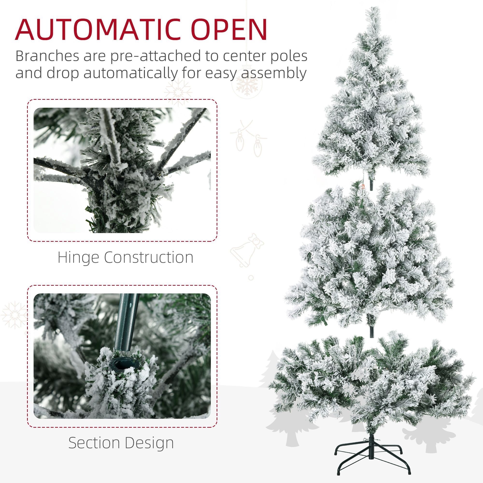 7.5 ft Artificial Snow Christmas Tree with Frosted Branches, 550 LED Lights, 1149 Tips, Steel Base, Indoor Holiday Decor