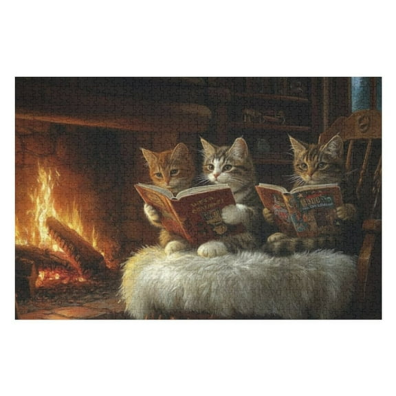 Puzzles for Adults 300 Pieces - Three Cats Sitting Chair Reading Book Funny Inspirational Wooden Jigsaw Puzzles for Family Activities Games