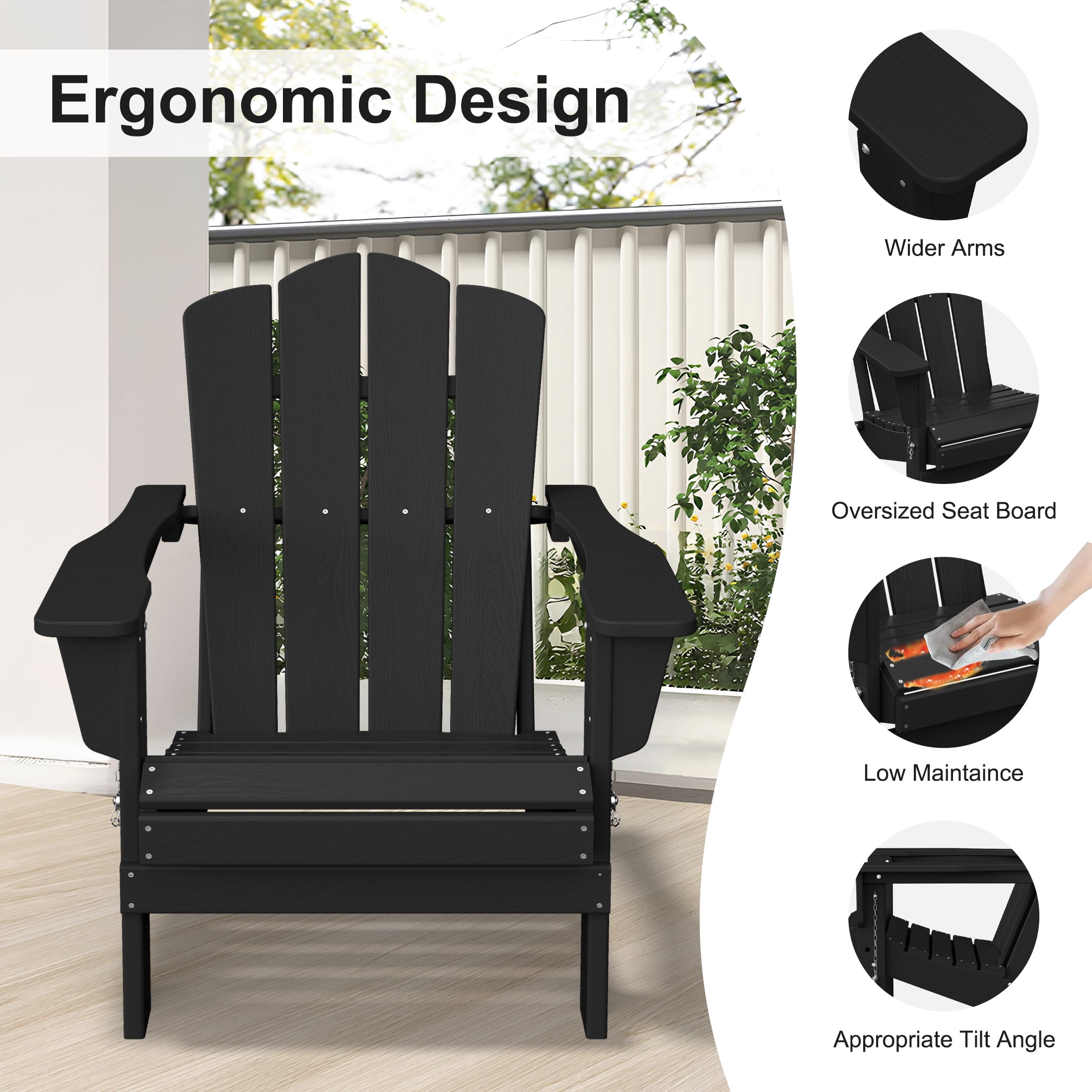 JUSTLET Adirondack Chair, 4PC Plastic Folding Outdoor Patio Chairs, Outside HDPE Chairs for Lawn, Yard, Black