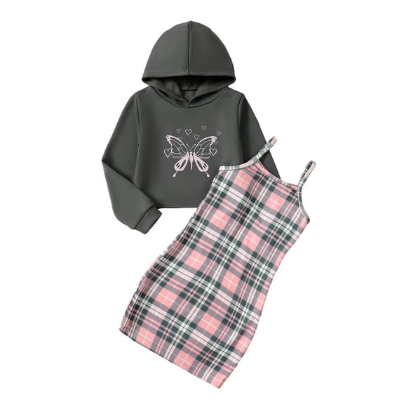 Kucnuzki 9 Years Big Girls Wimter Outfits 10 Years Youth Tween Kids Skirt Sets Sleeveless Plaid Print Slim Dress Long Sleeves Butterfly Print Hooded Top 2pcs Clothing Gray