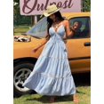 thumbnail image 4 of Womens Blue And White Striped Halter Maxi Dress V-Neck Smocked Waist, 4 of 9