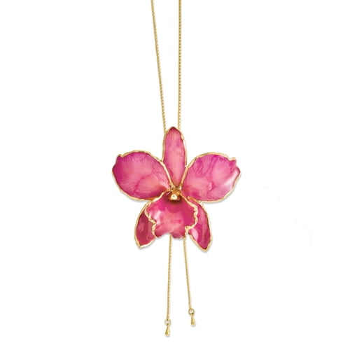 Roses and Leaves 24K Gold-trim Lacquer Dipped Fuchsia Real Cattleya Orchid Slip-on Adjustable Gold-tone Necklace