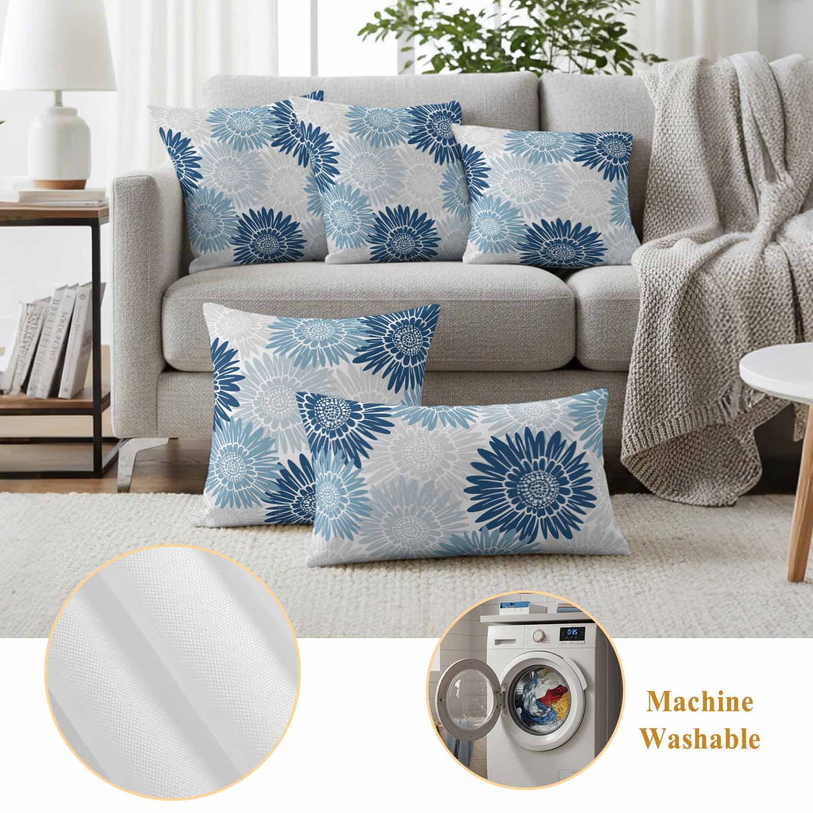 Blue Grey Sunflowers Outdoor Waterproof Throw Pillow Covers 26x26 Set of 2, Boho Vintage Floral Rustic Blossom Decorative Pillowcases Cushion Pillowcase for Couch Sofa Patio Outside Pillow Protector