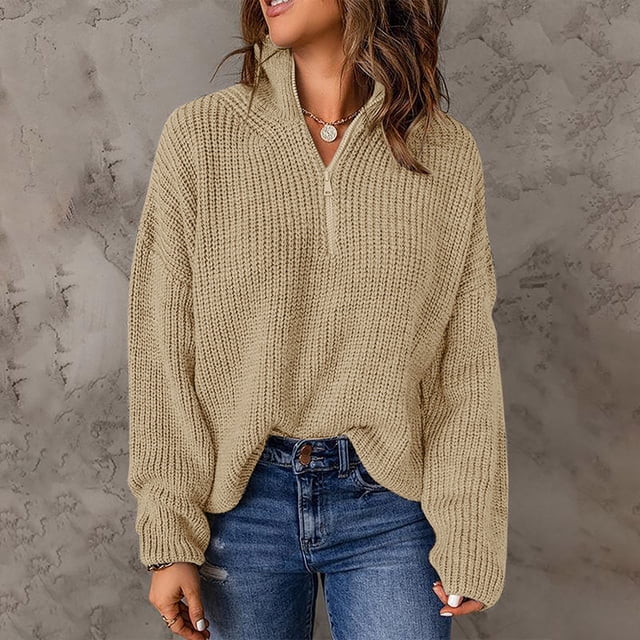 Hamky Pulls pour Femmes Pulls Pulls Pulls pour Femmes Manches Longues Fermeture à Glissière 1/4 Chandail Col Roulé Chandail pour Femmes Col Roulé Hauts Pulls d'Automne Beige TG