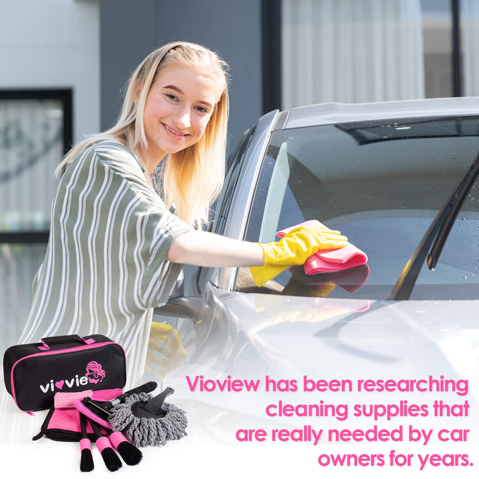 vioview Pink Car Cleaning Kit, Car Detailing Kit Interior Cleaner with Windshield Cleaning Tool, Detailing Brush Set, Complete Car Cleaning Supplies for Windows, Dashboard, Air Vents