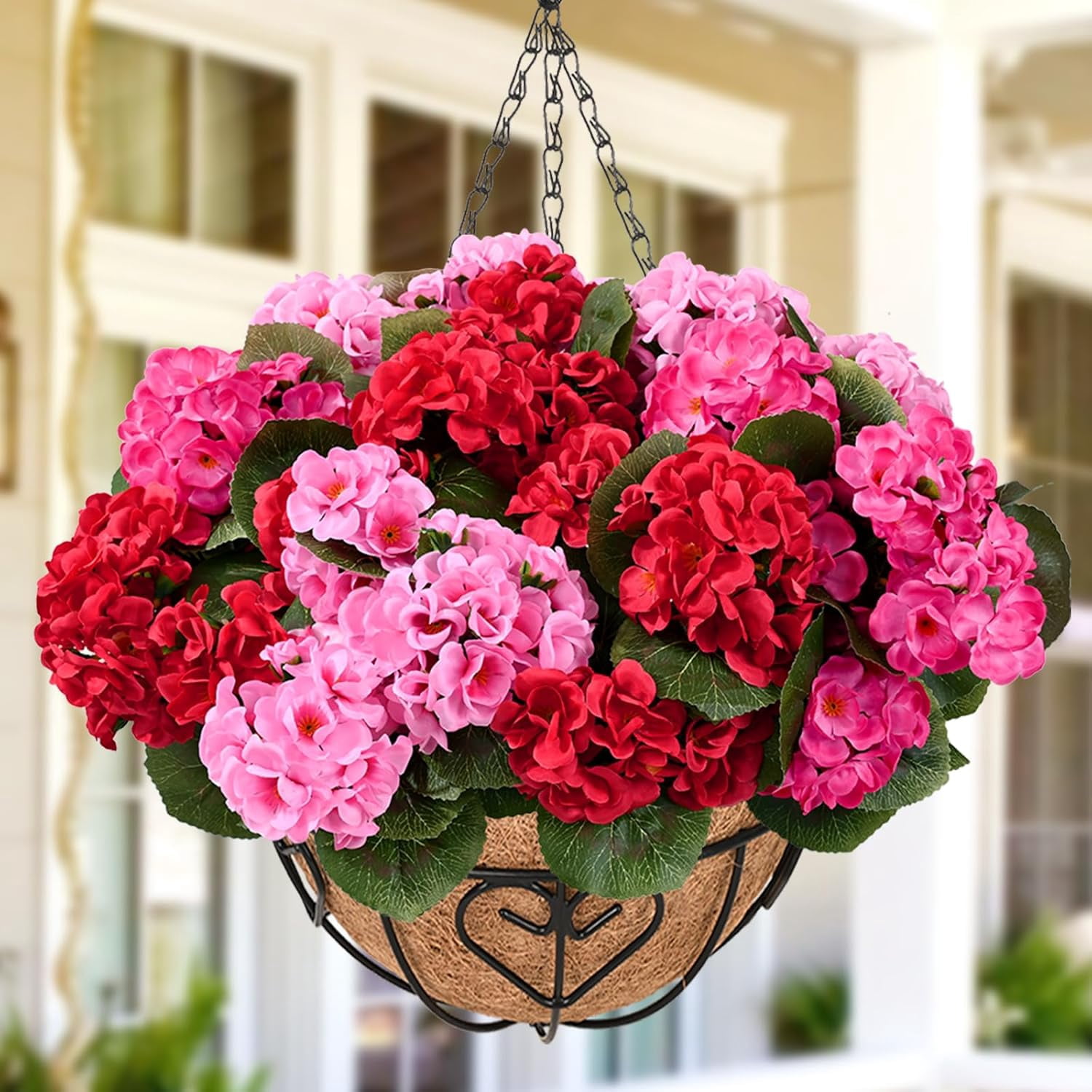 Waipfaru 2 Pack Artificial Geraniums Hanging Basket,UV Resistant Faux Silk Flowers for Outdoors,Realistic Fake Hanging Plants for Home Garden Decor