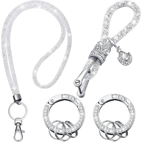 Lsupdaol Bling Rhinestone Wristlet Neck Lanyards Crystal Car Keychain with Diamond Metal Clasp Keychain for Women ID Badge (White)