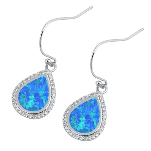Halo Set Blue Synthetic Opal CZ Teardrop Fishhook Earring Sterling Silver