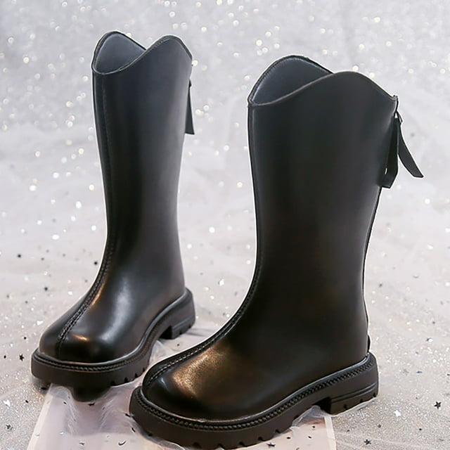 XIMIN Kid's Girls PU Leather Zipper Lug Sole Solid Color Boot Mid Calf Combat Knee High Riding Shoes Fall Winter Solid Color Cozy Boots