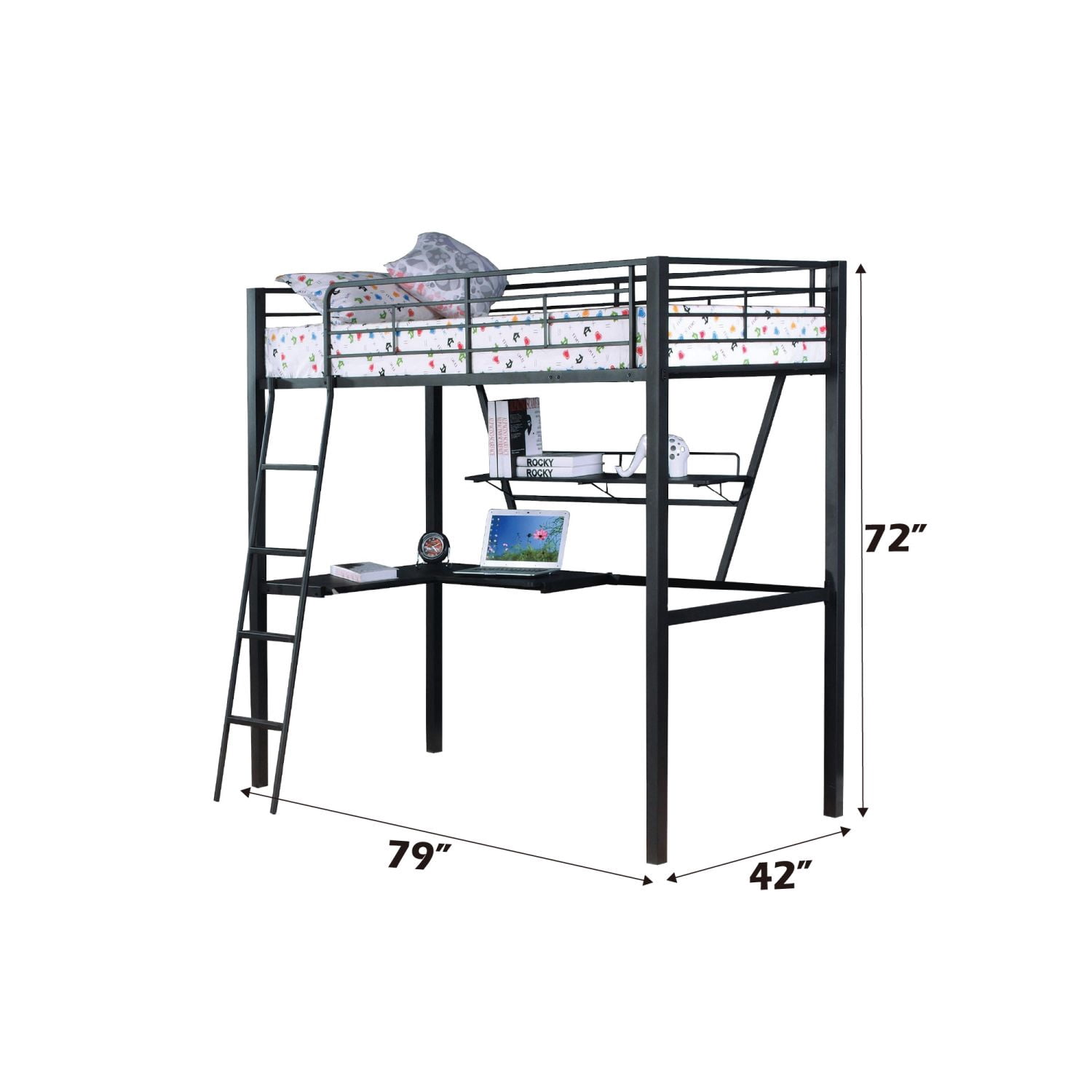 Twin Loft Bed with Desk and Reversible Ladder, Metal and Synthetic Wood Frame, Built-In Slat System, 79 in Long