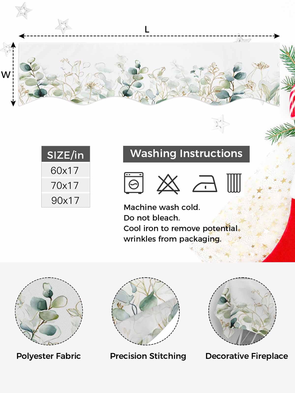 Eucalyptus Leaves Fireplace Mantle Scarf, Watercolor Sage Green Gold Branches Mantel Cover Table Runner for Home Living Room Door Window, Indoor Outdoor Holiday Party Decor 17" x 90"