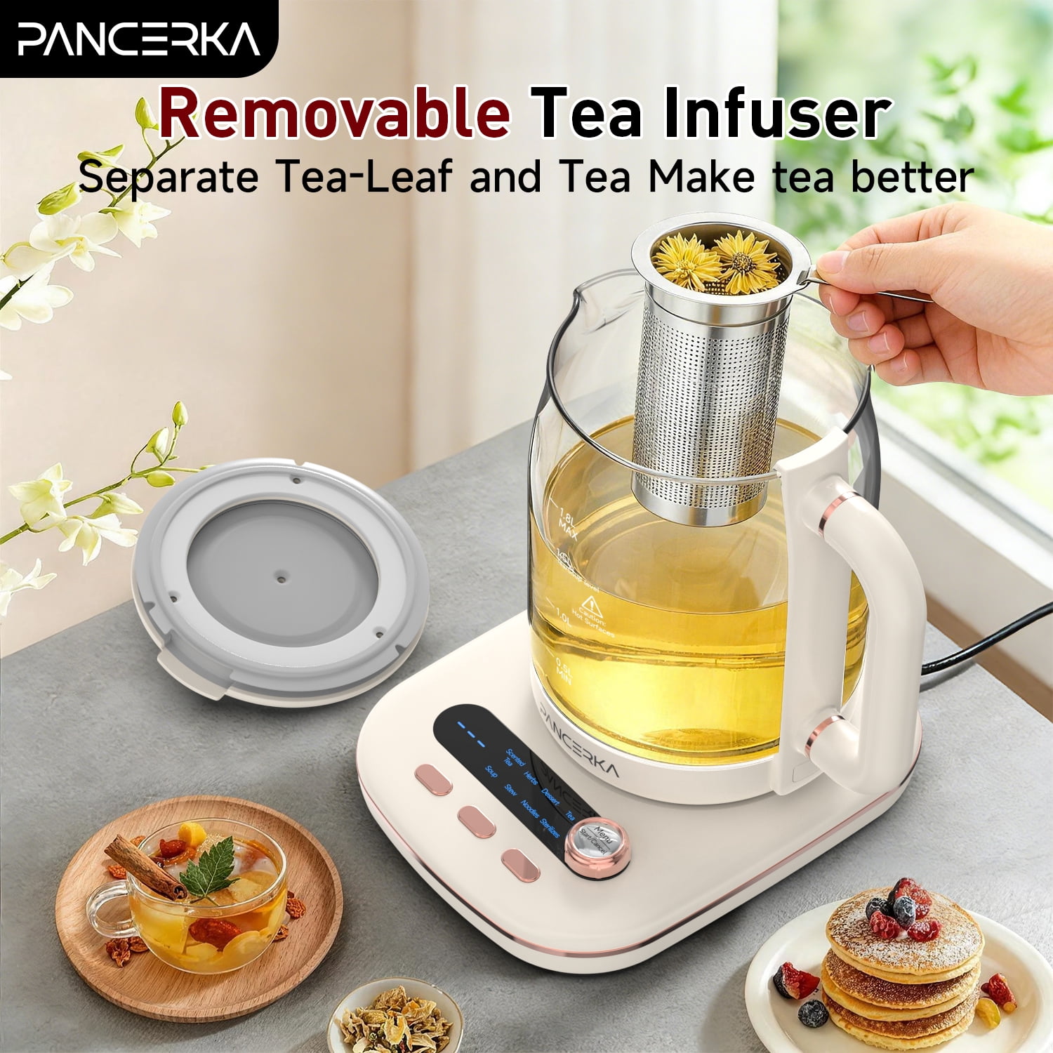 PANCERKA Health Pot, 1.8L/60.87Oz Electric Immersion Kettle, Electric Kettle Tea Maker With Infuser, Multifunctional Health Kettle, Reinforced Glass Kettle, Detachable Filter, Versatile Kettle, Glass