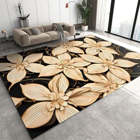 Black Gold Floral Print Area Rug, Modern Abstract Light Luxury Magnolia Large Area Rugs, Machine Washable Breathable Durable Carpet For Living Room Bedroom Dining Room Office 5x7ft