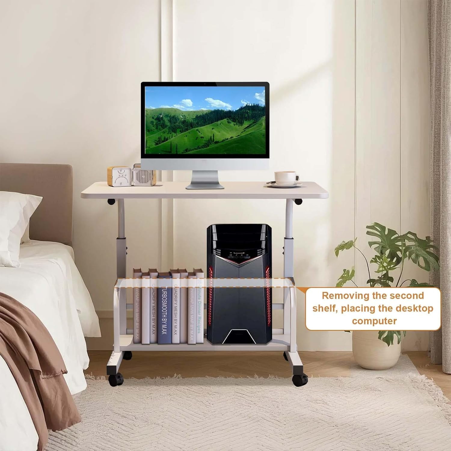 Adjustable Height Mobile Standing Desk – Compact Portable Laptop Table with Storage Shelves – Rolling Computer Desk for Home Office, Study, School – Ergonomic, with Wheels, White 60 x 40CM