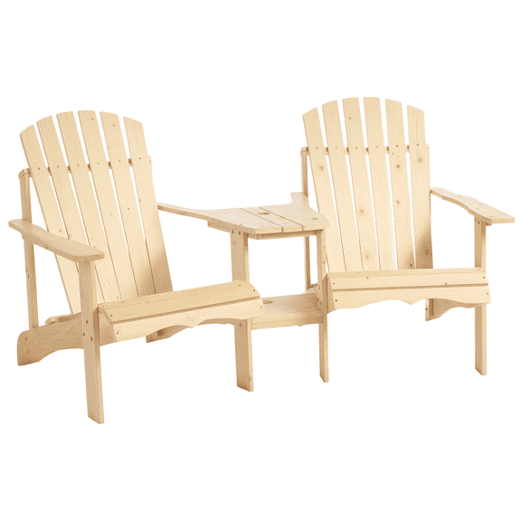 Homiyad Wooden Adirondack Chairs Set of 2 Outdoor Double Seat w/ Center Table Umbrella Hole Patio Backyard Deck Natural | Aosom.com