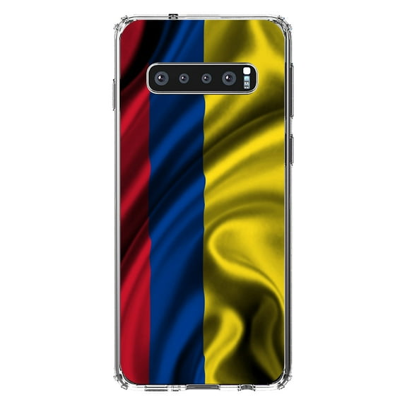 DistinctInk Clear Shockproof Hybrid Case for Samsung Galaxy S10  PLUS(6.4" Screen) - TPU Bumper, Acrylic Back, Tempered Glass Screen Protector - Colombia Waving Flag -Colombia