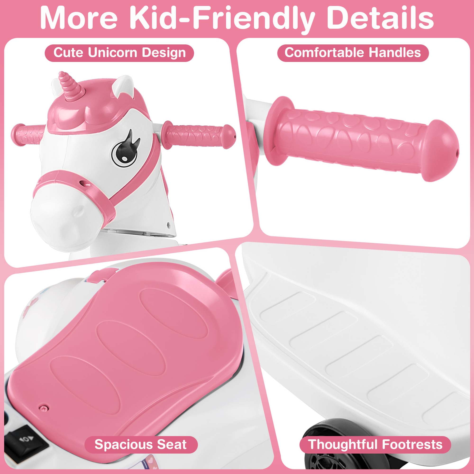 Costway 12V Kids Ride on Unicorn Toy with Training Wheels Music One-button Start Horse Toy Pink