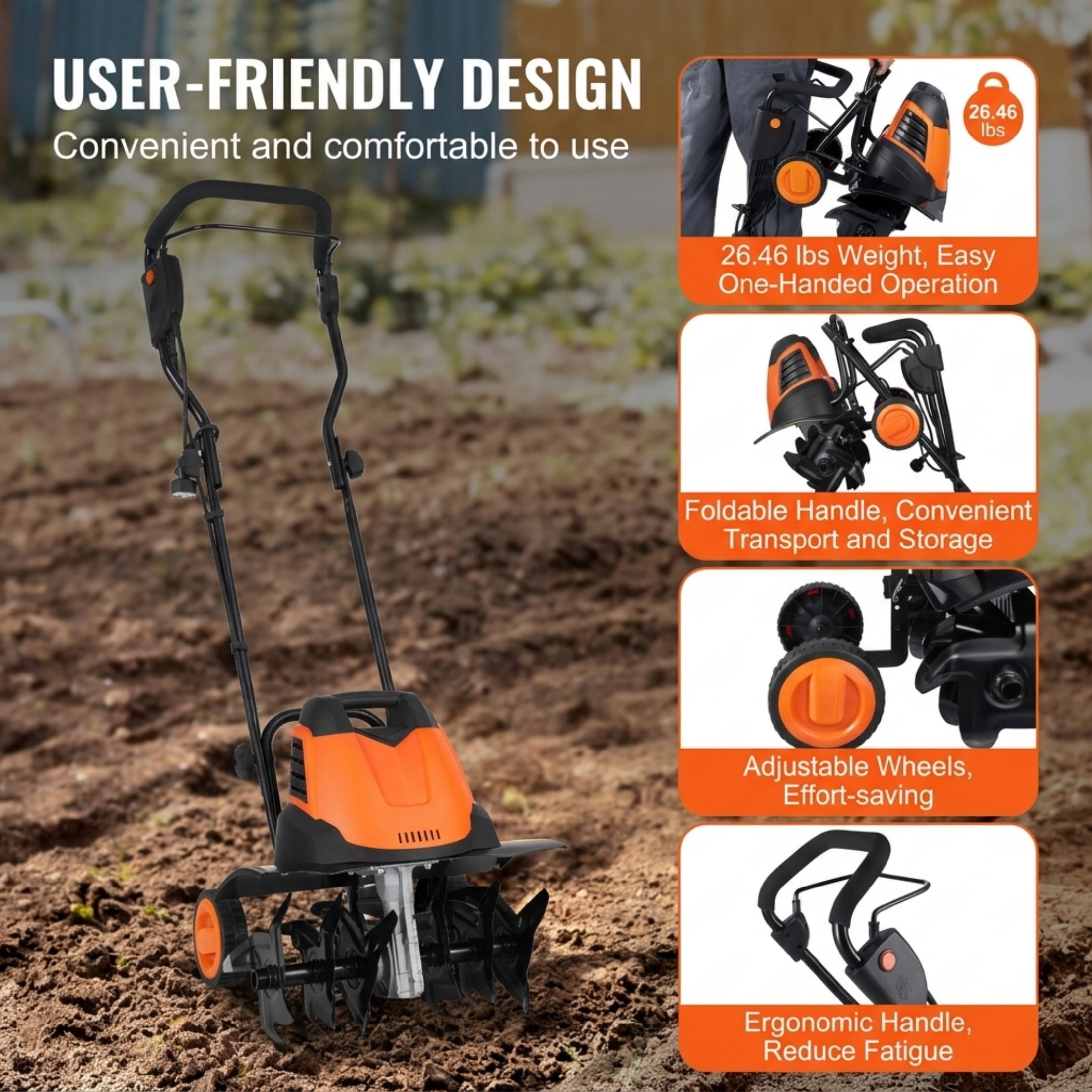 12 Amp Electric Tiller & Cultivator, 18" Tilling Width Corded Rototiller with Steel Mn Tines for Garden and Lawn Soil