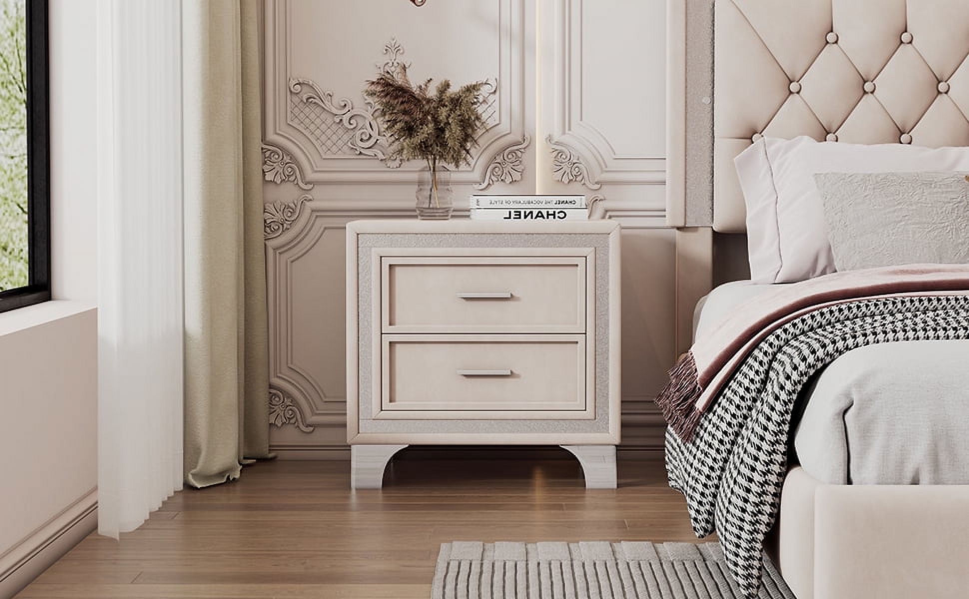 Euroco Mid Century Nightstand with with Silver Glitter Strip Decor,Rectangular Simple End Bedside Table with 2 Drawers,Beige