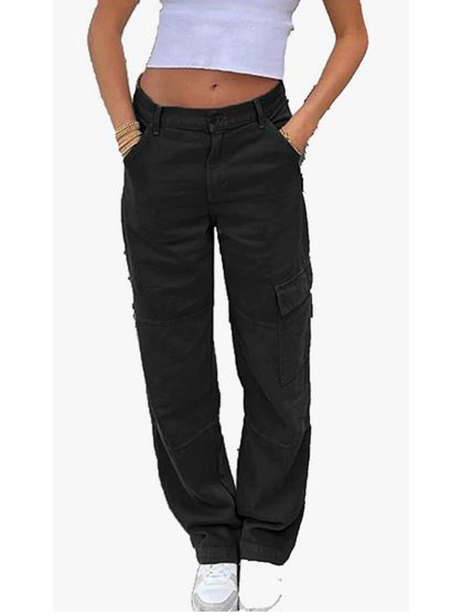 EYIIYE Women's Low Rise Baggy Cargo Jeans Straight Wide Leg Distressed