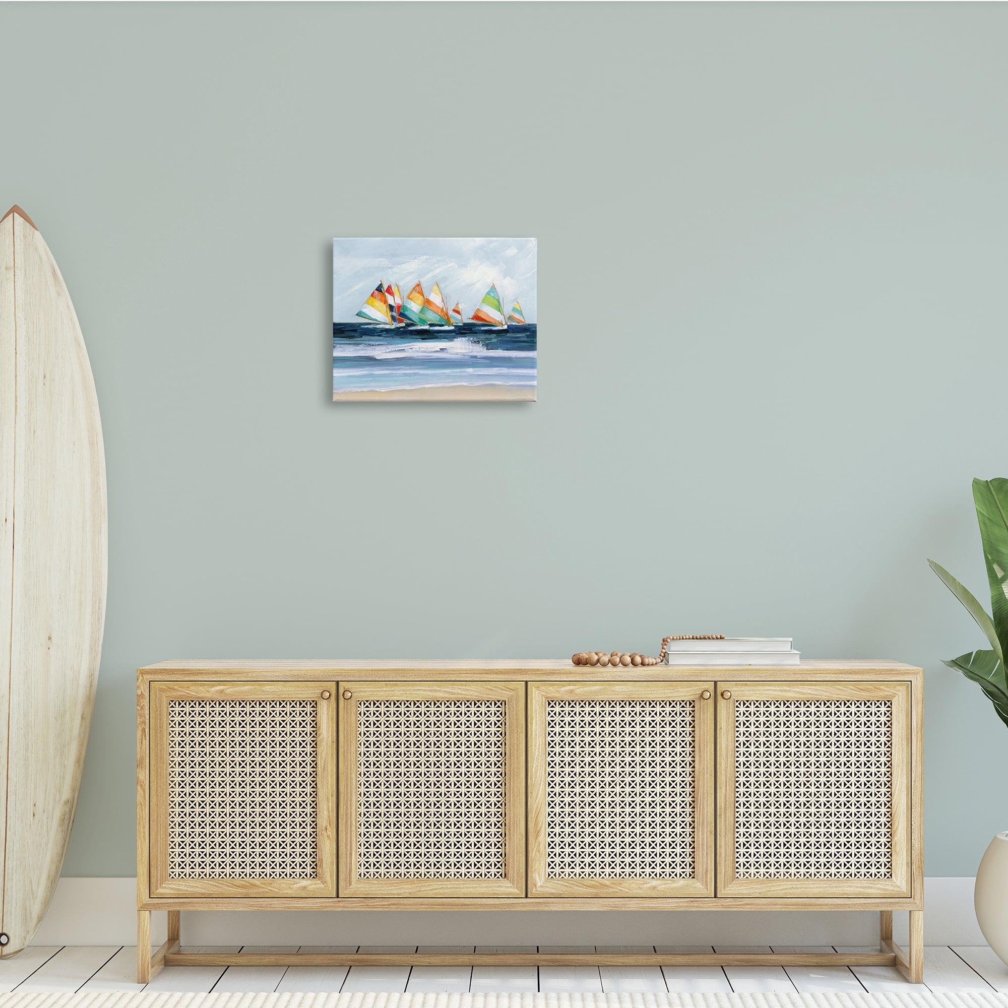 Shoreline Sailboat Race Striped Sails Coastal 20 in x 16 in Painting Canvas Art Print, by Stupell Home Décor