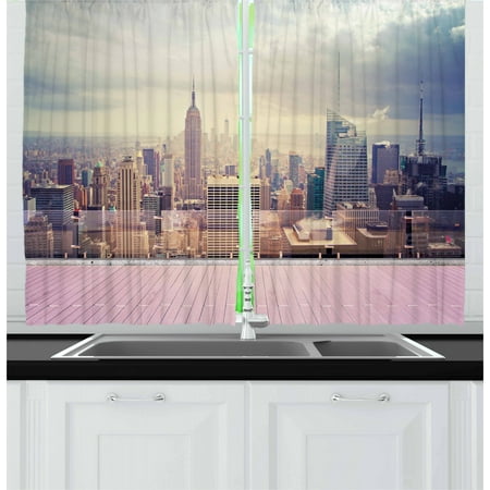 Flat Roof Balcony Ideas Modern Curtains 2 Panels Set, New York City Usa Landscape from Roof Apartment Balcony Photograph Image, Window Drapes for Living Room Bedroom, 55W X 39L Inches, Grey White and Pink, by Ambesonne ()